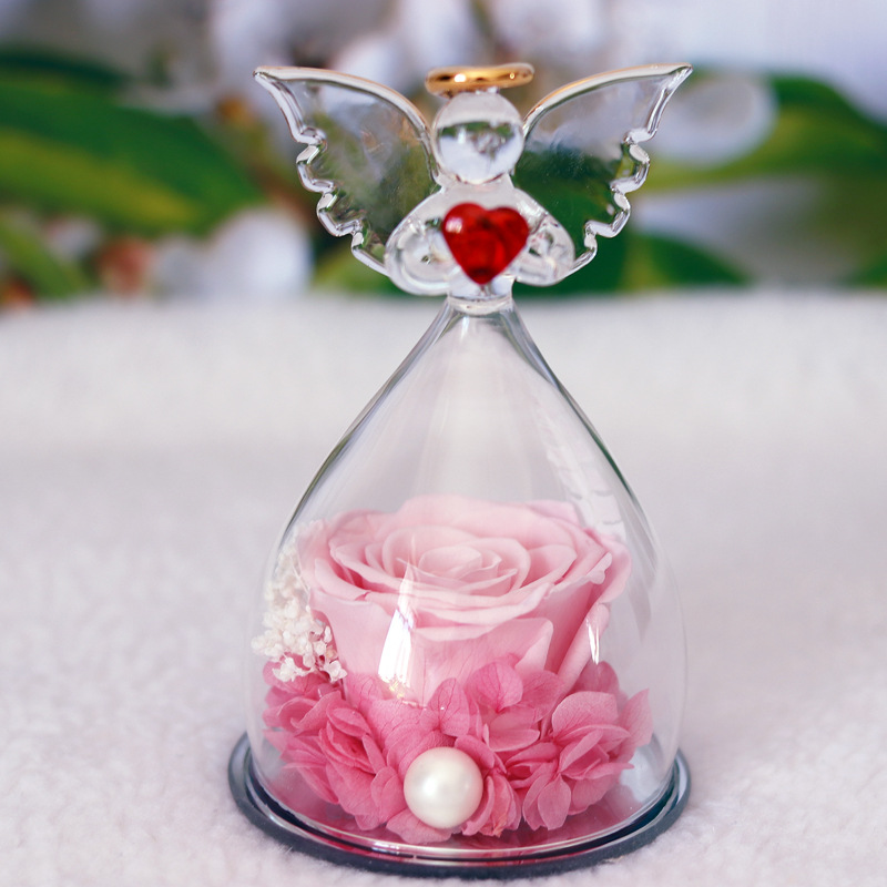 Comercio electrónico transfronterizo cubierta de vidrio flor eterna angelito rosa eterna Navidad regalo del día de San Valentín cubierta de vidrio decoración