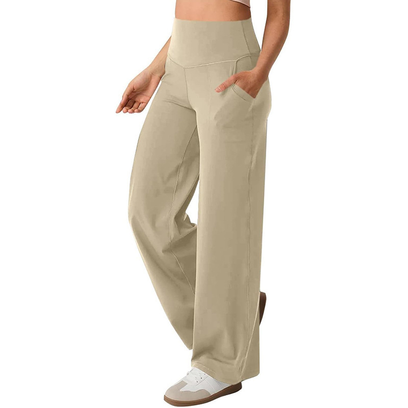 European and American Women's Wide-Leg Yoga Pants with Pockets, Stretchy Straight-Leg Casual Pants, Tummy Control Flared Sports Pants