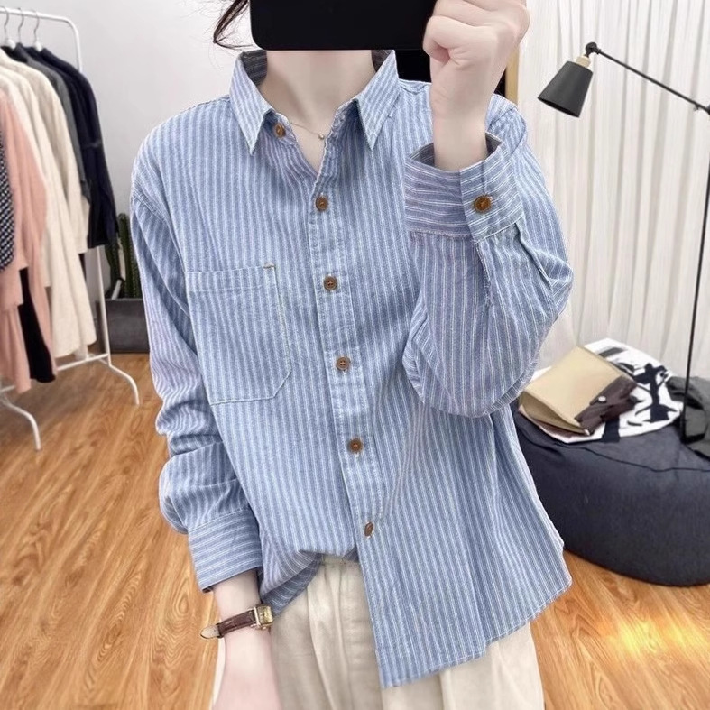 Pure Cotton Striped Long-Sleeve Shirt for Women, New Spring and Autumn Style, Petite Loose Retro Top, Slimming Sun-Protective Base Shirt Pure Cotton Striped Long-Sleeve Shirt for Women, New Spring and Autumn Style, Petite Loose Retro Top, Slimming Sun-Protective Base Shirt