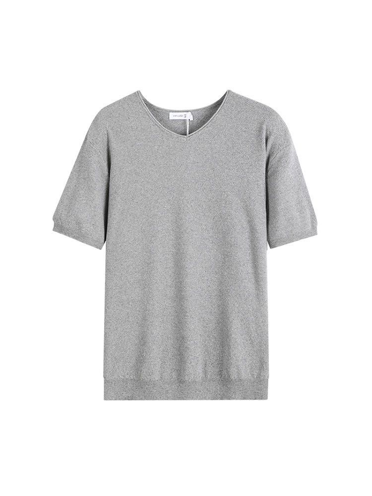 Verano nuevo cuello en V de punto de manga corta hombre relajado transpirable sensación de seda de hielo casual versátil camiseta de punto de color sólido blusa