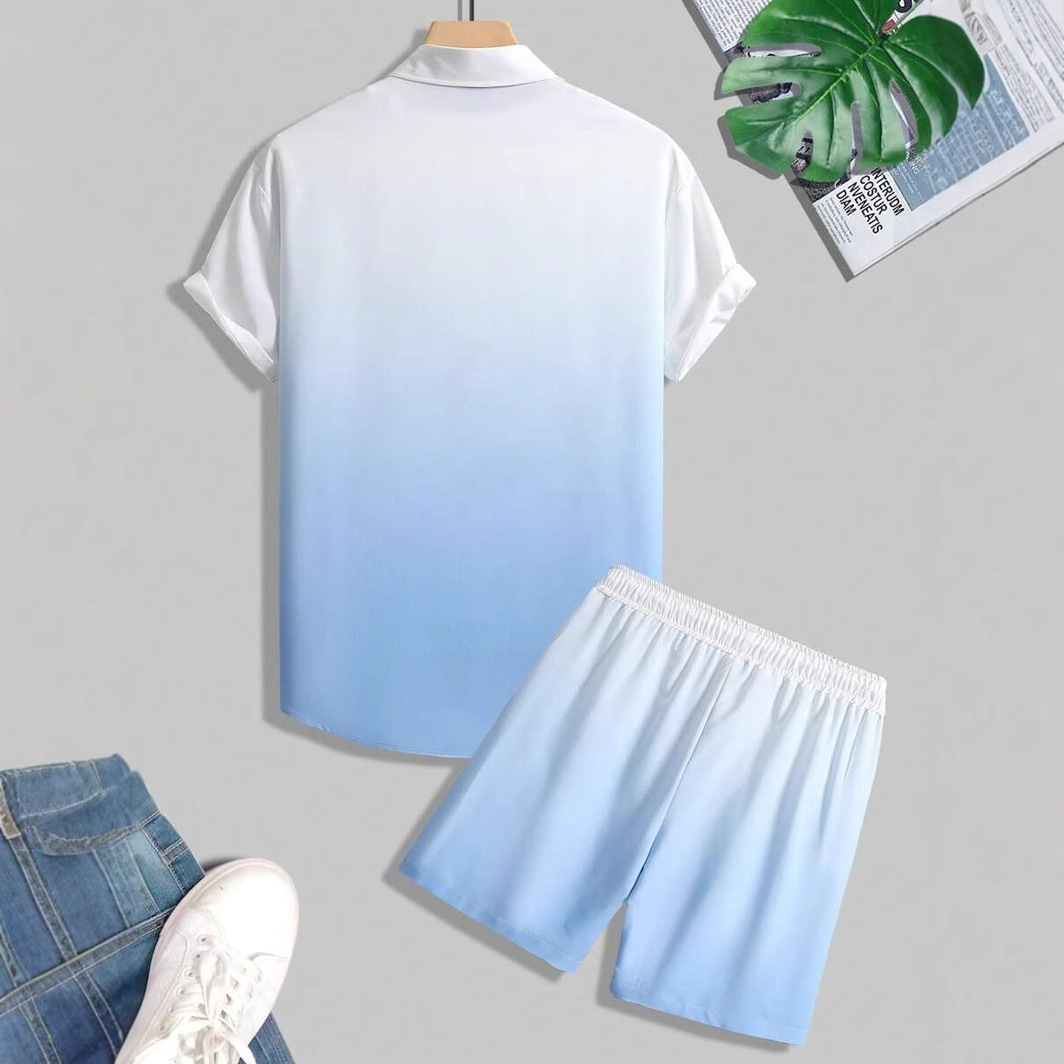 Venta caliente color degradado impresión 3D spot transfronterizo Xiyin verano hawaii vacaciones camisa pantalones cortos conjunto 2 piezas