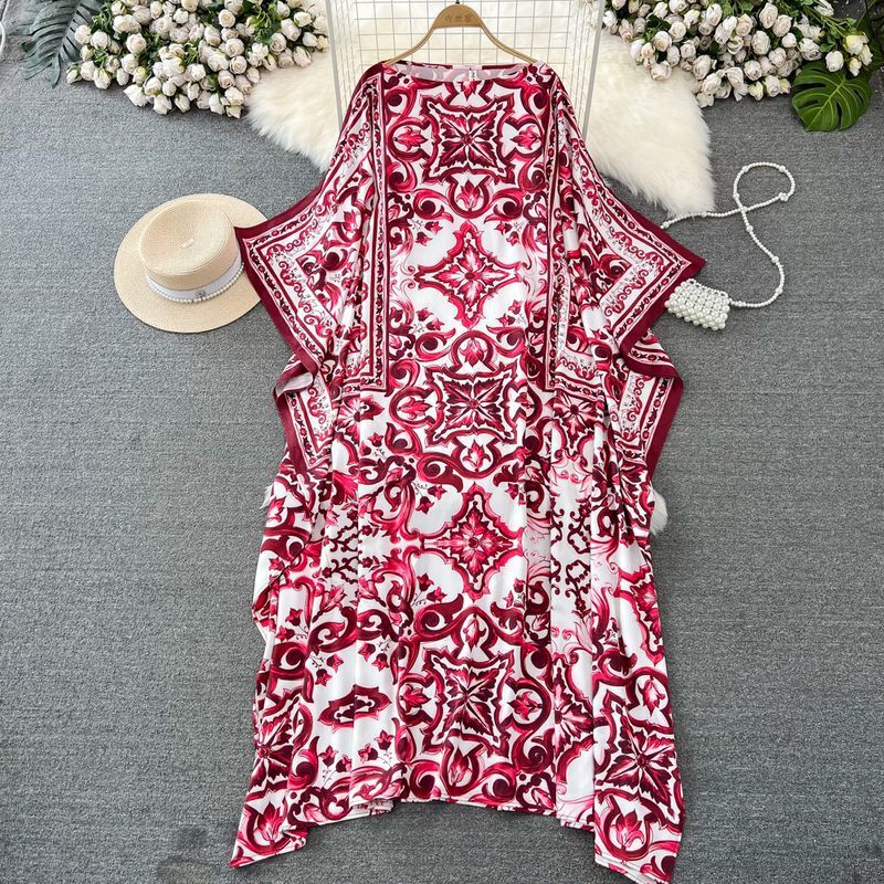 High-end light mature retro elegant batwing sleeve round neck loose A- line celadon printed dress elegant dress High-end light mature retro elegant batwing sleeve round neck loose A- line celadon printed dress elegant dress