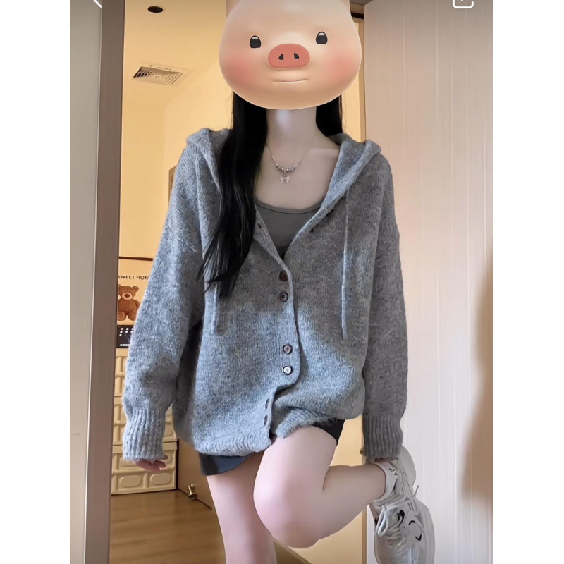 慵懒风开衫外套女灰色连帽毛衣秋冬季韩系穿搭oversize针织衫上衣|undefined