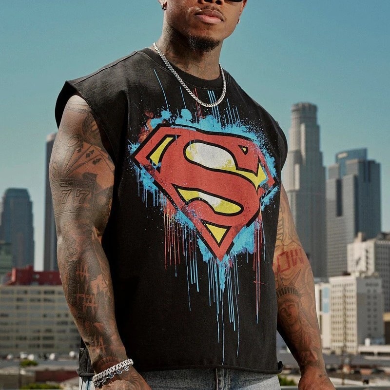 YOUNGLA co-branded Superman-themed printed men's oversized T-shirt, loose cotton vest for sports and fitness