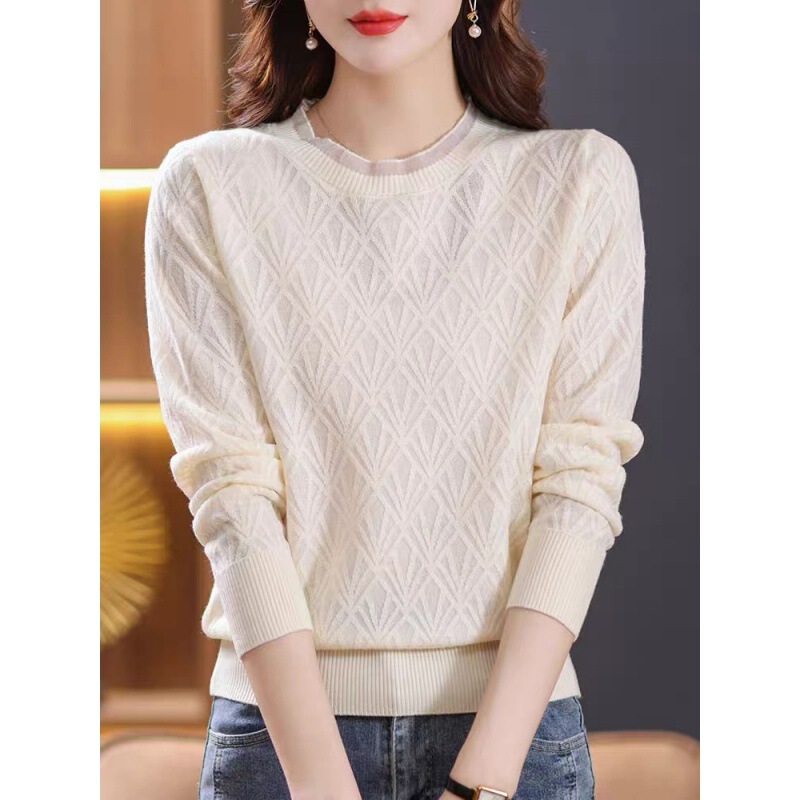 Lace Bottoming Shirt 2025 New Women's Spring and Autum Short Style Small Shirt Long-Sleeved Top Thin Knitted Knitwear Inner Wear
