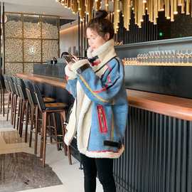 炸街加厚加绒牛仔羊羔毛外套女网红撞色拼接冬季新款潮机车服