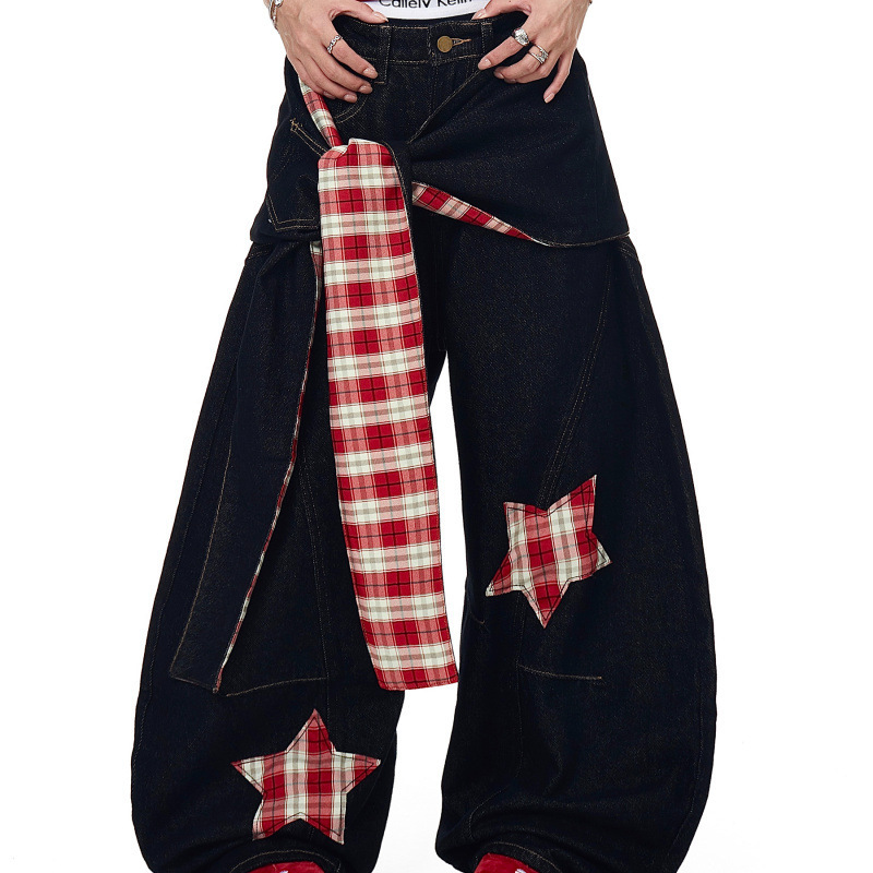 American Retro Star Plaid Layered Jeans for Men Trendy Cleanfit Design Wide-Leg Pants