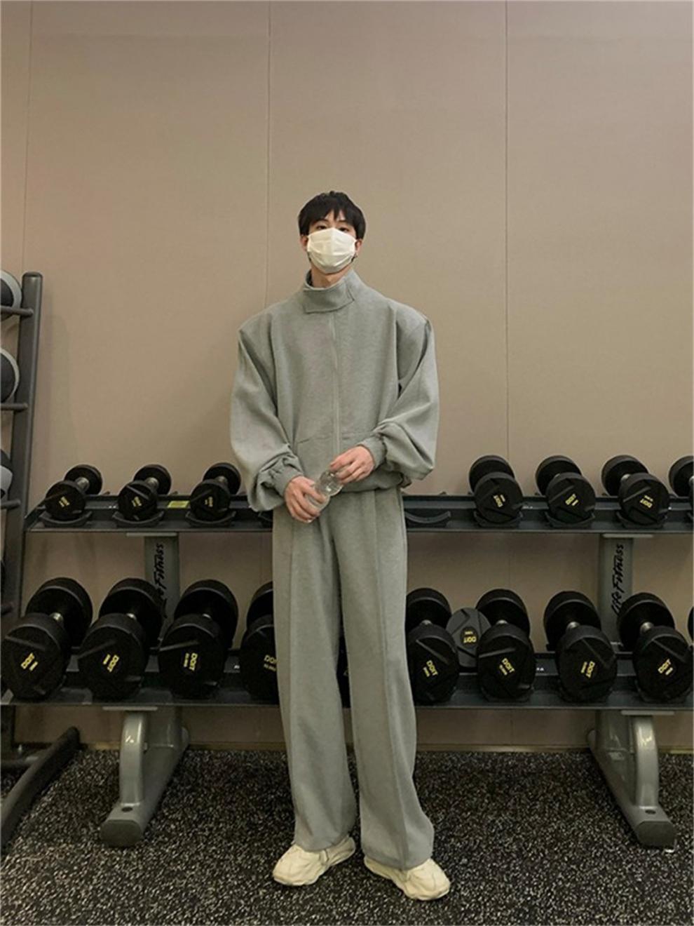 Casual herr sportset i koreansk stil med axelvaddering_voghion.com