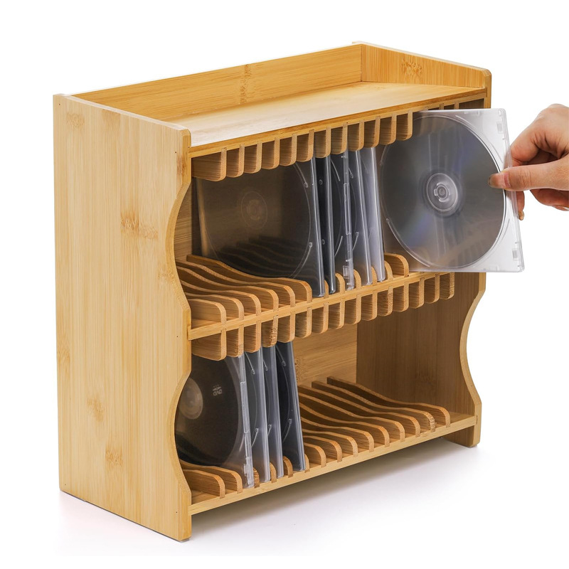 Rack de almacenamiento de bambú de alta capacidad de doble capa de discos CD-CD rack de almacenamiento de archivos de oficina de la organización de cartas de bambú rack de madera