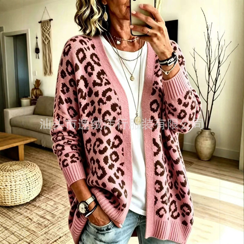 Cross-border leopard print knitted cardigan for women, mid-length, V-neck, loose, casual style, spring and autumn outerwear sweater jacket for women Cross-border leopard print knitted cardigan for women, mid-length, V-neck, loose, casual style, spring and autumn outerwear sweater jacket for women
