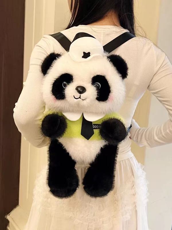 可爱警察熊猫毛绒双肩包成都礼品呆萌制服大熊猫儿童包包厂家直销|undefined