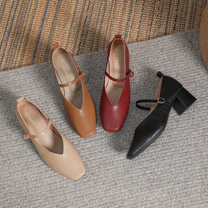 Small Square Head Soft Leather Shoes Women's Autumn 2023 Anti-kick Simple Thick Heel Soft Bottom Comfortable Color High Heels