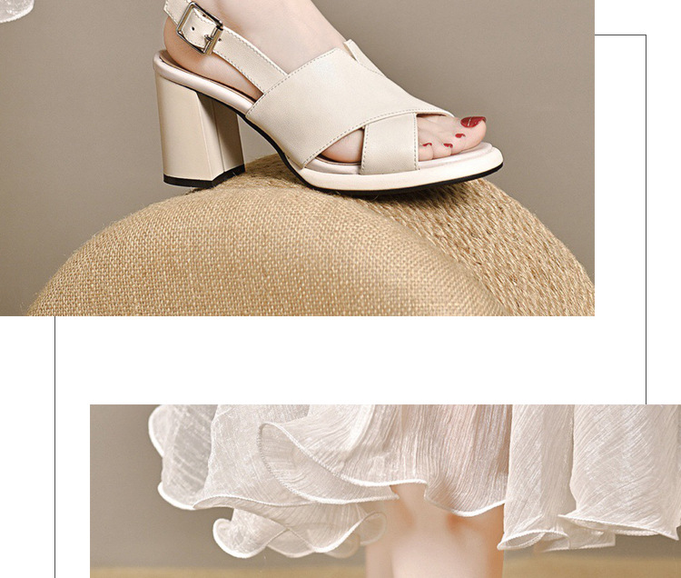 Sandal da thật hở mũi gót vuông 7 cm phối váy dạo phố — Màu be cao gót 7 cm chi tiết 17
