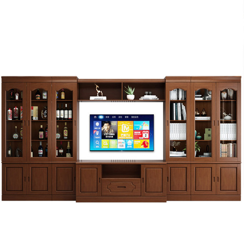 TV background cabinet with bookcase combination cabinet solid wood 2.4m3 3.8m large living room floor-standing video wall large capacity
