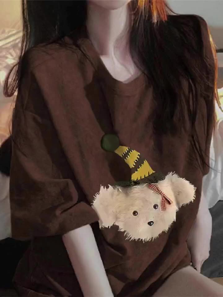 Heavy Cotton Bear Printed Short-sleeved T-shirt Women's Retro Design Sense Loose oversize Large Edition Summer Clothes