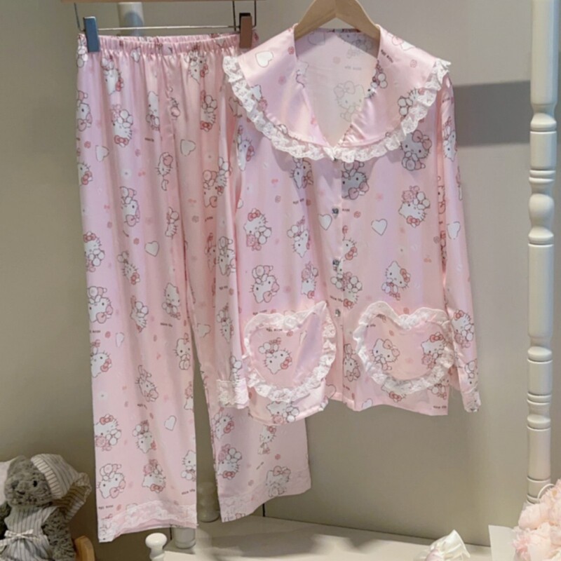 Doll Collar Kitty Cat Pajamas Spring and Autumn Ice Silk Long-Sleeve Pink Student Japanese Style Girl Home Wear Summer Doll Collar Kitty Cat Pajamas Spring and Autumn Ice Silk Long-Sleeve Pink Student Japanese Style Girl Home Wear Summer