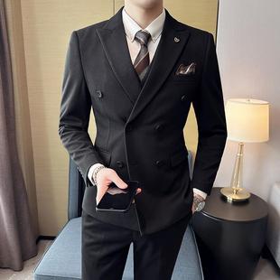 Men's Woolen Suit with Double-Breasted Three-Piece Set, Slim Fit, Thickened for Autumn and Winter