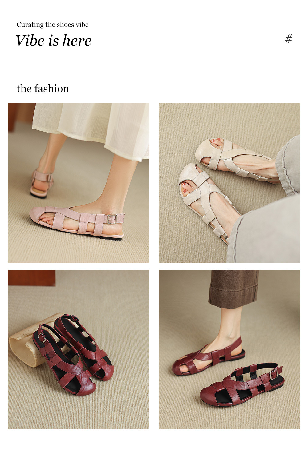 Sandal nữ bệt bọc mũi da bò đan vintage phong cách La Mã — Gạch đỏ chi tiết 1