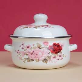 珐琅彩搪瓷加厚汤锅家用双耳带盖汤锅泡面盆猪油盆电磁炉煤气铝无