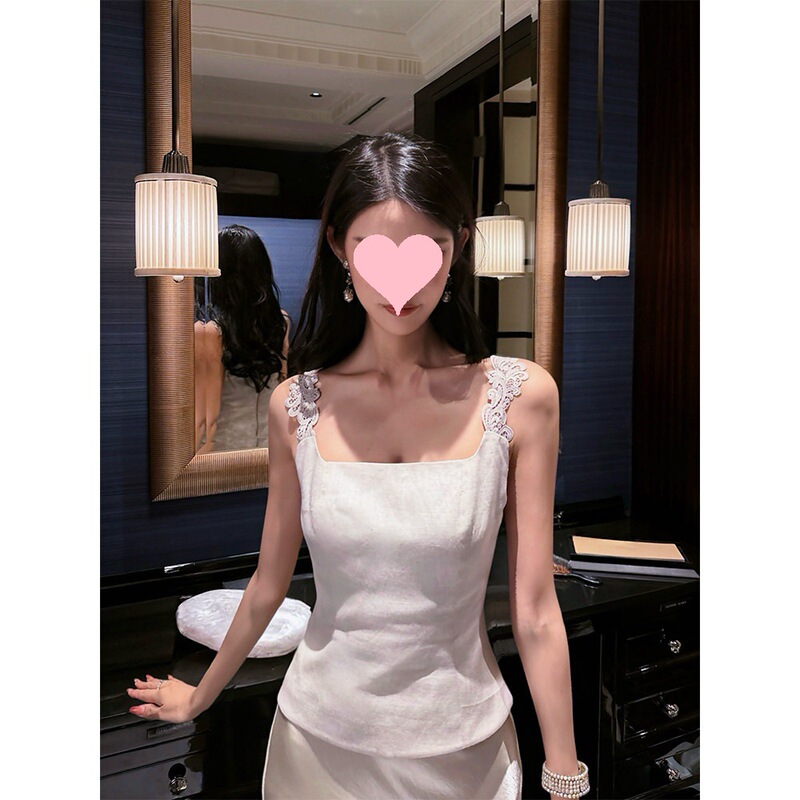 Jalobon Tencel Linen Wave Lace Patchwork Structured Square Neck High-Waisted French Elegant Two-Way Strap Top Jalobon Tencel Linen Wave Lace Patchwork Structured Square Neck High-Waisted French Elegant Two-Way Strap Top