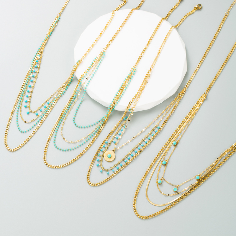 Retro Geometric Titanium Steel Gold Plated Beads Layered Necklaces 1 Set