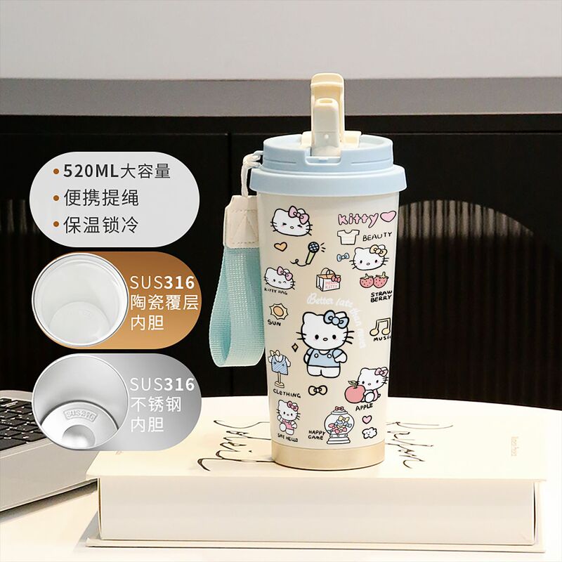 新款童趣咖啡杯316不锈钢保温杯卡通带吸管杯子双饮高颜值喝水杯|undefined