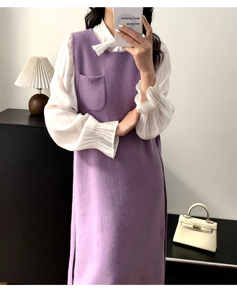 Knitted Vest Skirt Women's Sleeveless Wool Blend Dress Crew Neck Belted  Dresses | eBay