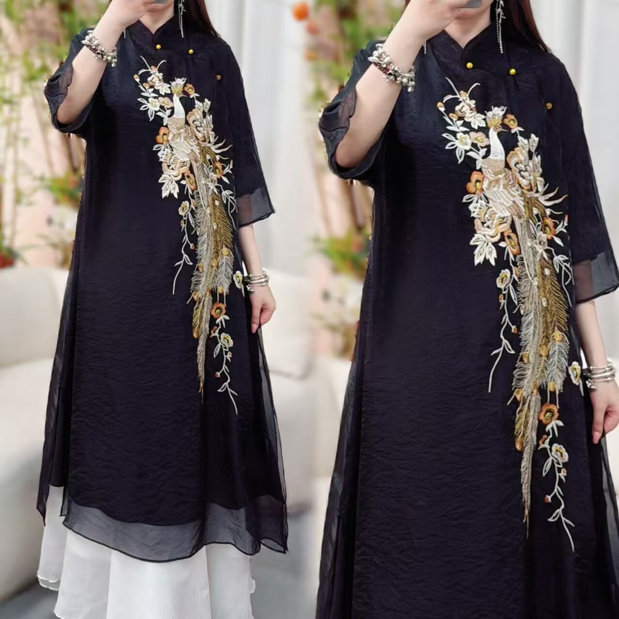 Summer New Style Stand-Up Collar Double-Layer Long Dress Organza Embroidered Artistic Casual Embroidered Mid-Length Dress for Women