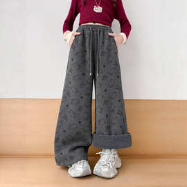 女童冬季加绒裤子2025新款中大童KTM猫糯米绒宽松加厚加厚阔腿裤