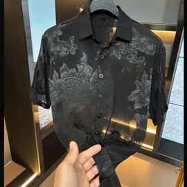 2026夏季潮流男士时尚新款翻领短袖休闲百搭衬衣牡丹提花衬衫上衣