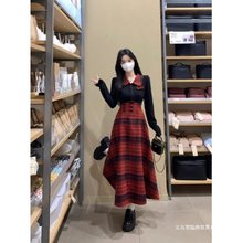 大码学院风辣妹时尚套装女秋冬胖格纹拼接衬衫+格纹束腰裙套装