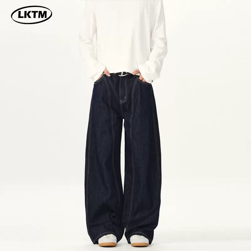 LKTM男装#美式简约原牛色弯刀牛仔裤男女百搭宽松阔腿松弛感长裤