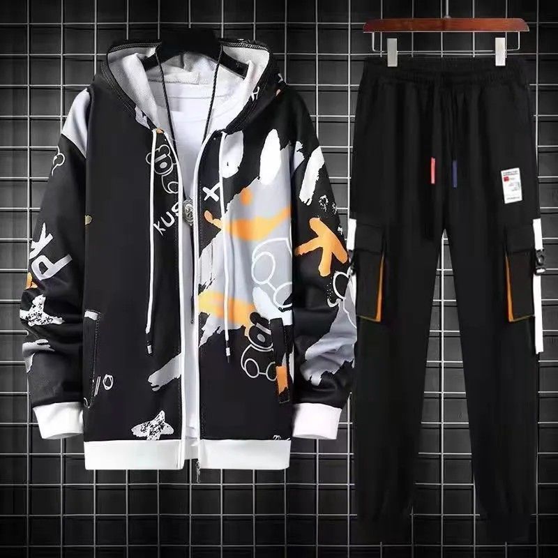 봄과 가을 카디건 스포츠 세트 남자 10 대 스웨터 패셔너블 루즈 투피스 세트 주니어 고등학교 재킷 남자 한국식