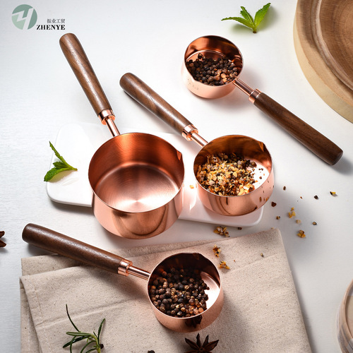 Wooden Handle Stainless Steel Measuring Cup Measuring Spoon 8-piece Baking Tool Set Measuring Spoon Wooden Handle