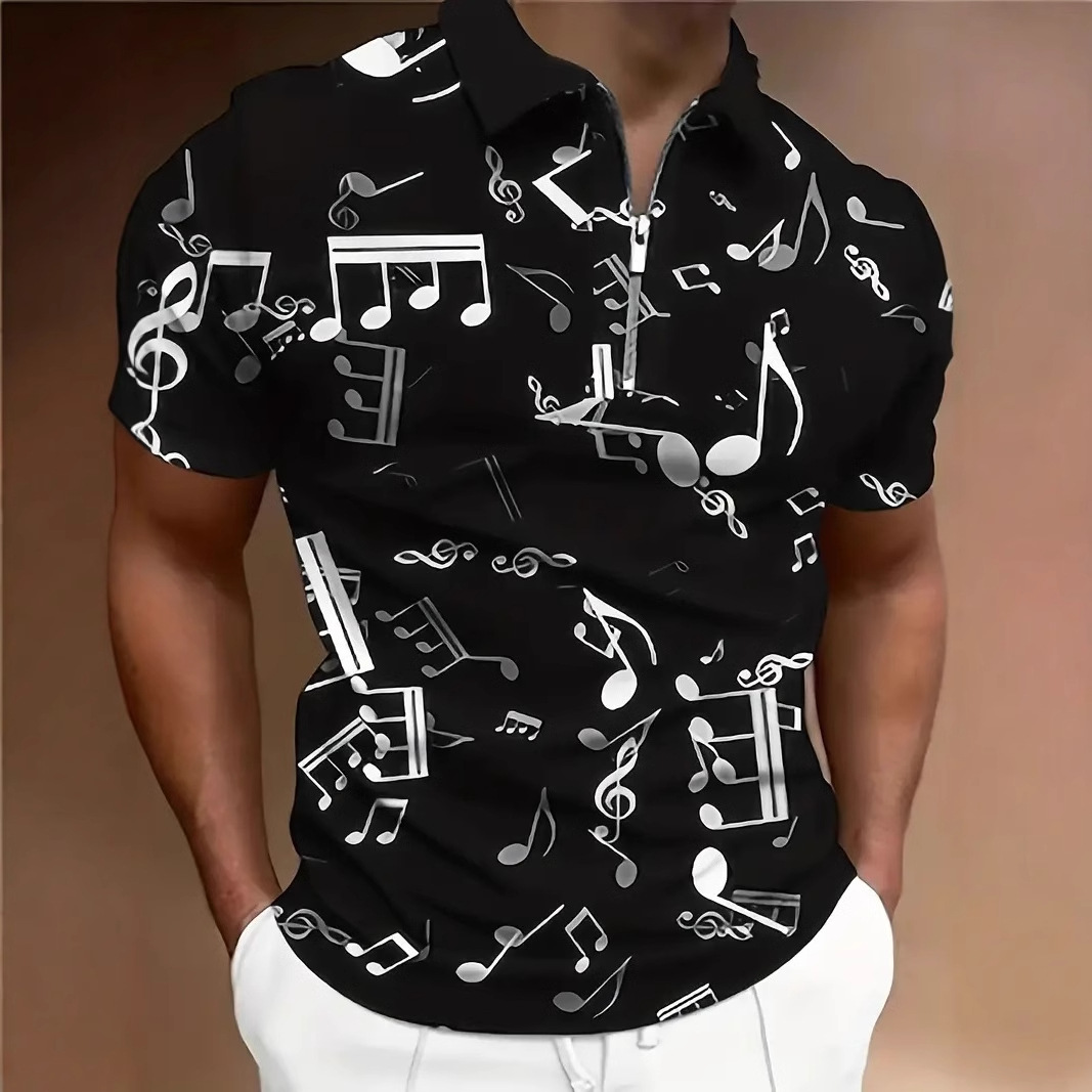 2024 venta caliente arte clásico nota impresión 3D hombre casual todo fósforo ancho de hombro ancho ancho ancho cremallera suelta camisa POLO
