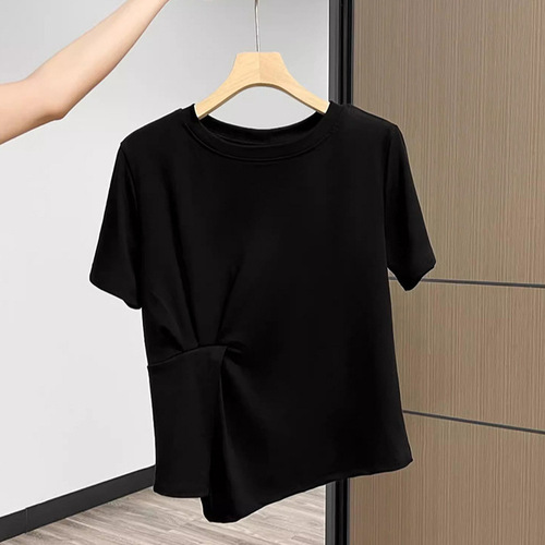 Asymmetrical design in summer pure cotton versatile belly covering and slimming short-sleeved T-shirt women's solid color top ins