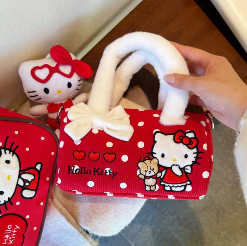 Cute Kitten Handbag, Girly Style, New Year Red Polka Dot Crossbody Bag, High-Value Versatile Handbag, Bucket Bag
