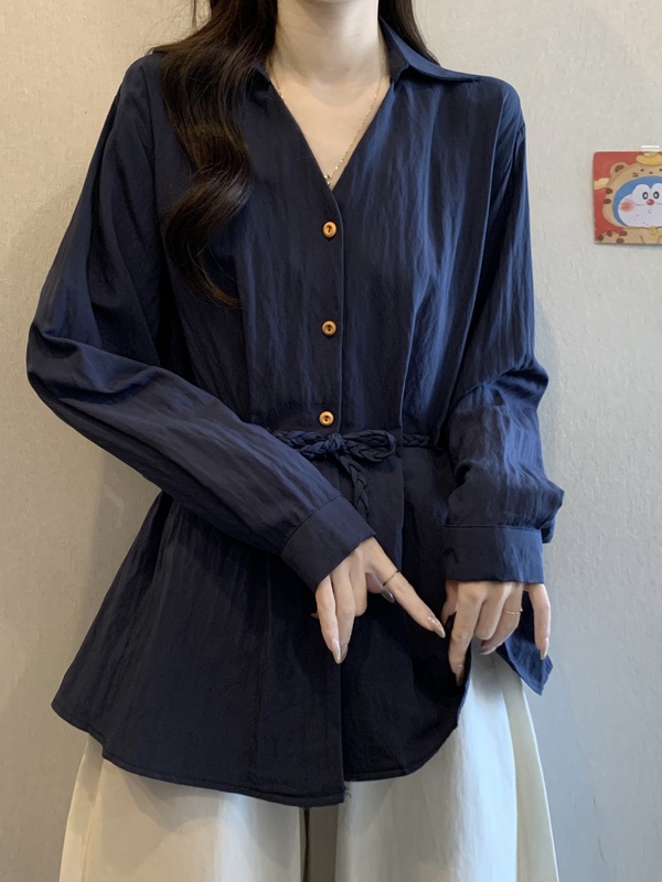 蓝色长袖v领打底衬衫女秋新款大码胖mm显瘦设计感系带收腰上衣|undefined