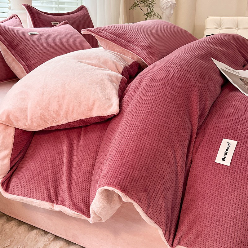 velvet warm jeans, coral set, warm sheet, flannel suede duvet cover, 4 piece set, bedding
