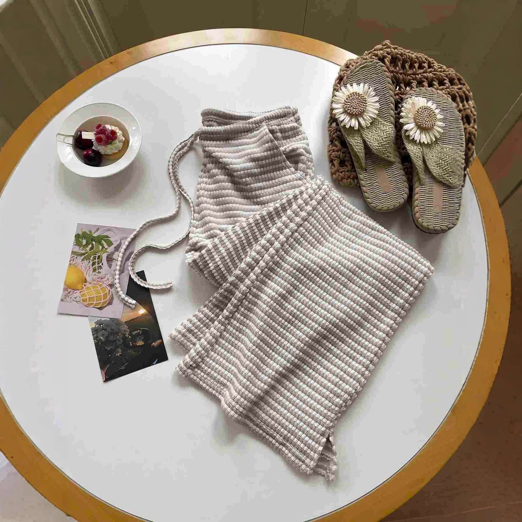 Amazon Foreign Trade Cross-Border European and American Hot Girl Drawstring Striped Long Pants Women's Casual Low-Waist Sexy Flared Slit Pants