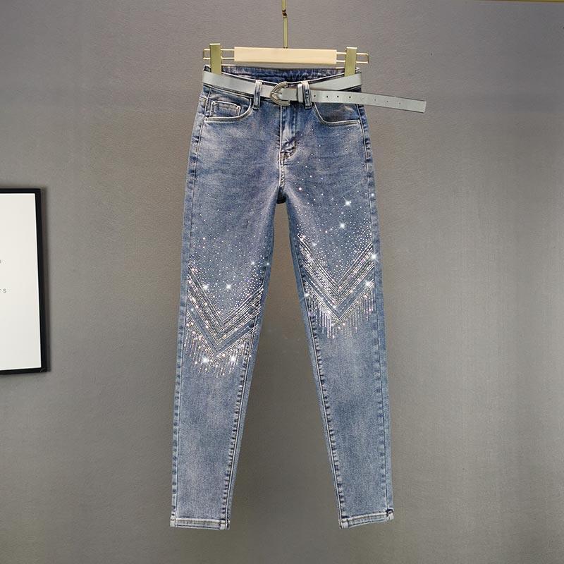 European Heavy-Duty Rhinestone Skinny Jeans for Women 2025 New Fashion Cotton Stretch High-Waisted Slimming Cropped Pants