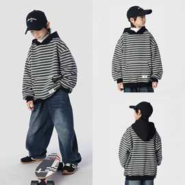 男童条纹卫衣2025秋冬新款韩版儿童连帽上衣帅气男宝宝加绒长袖潮