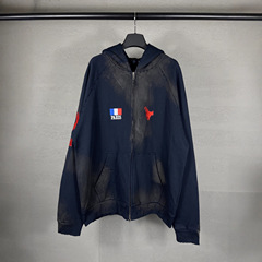 正确版本高品质B家25SS新款22野马polo印花国旗磨烂拉链连帽卫衣