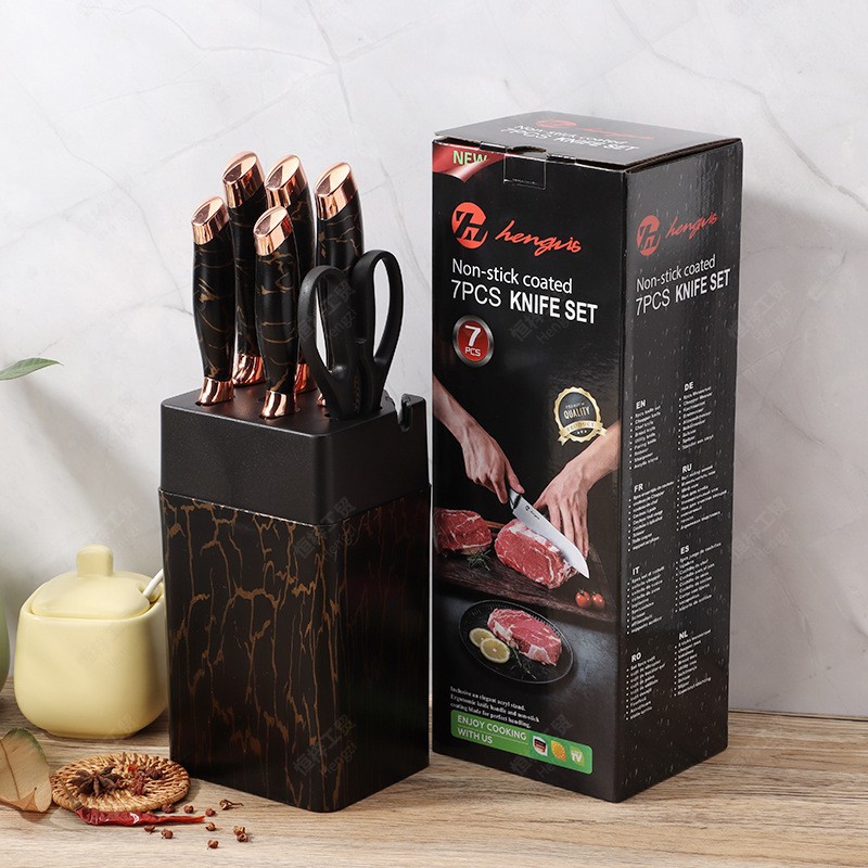 Cuchillo de cocina con recubrimiento antiadherente transfronterizo lujoso de oro rosa mármol de siete piezas conjunto de cuchillo de cocinero combinación de regalo