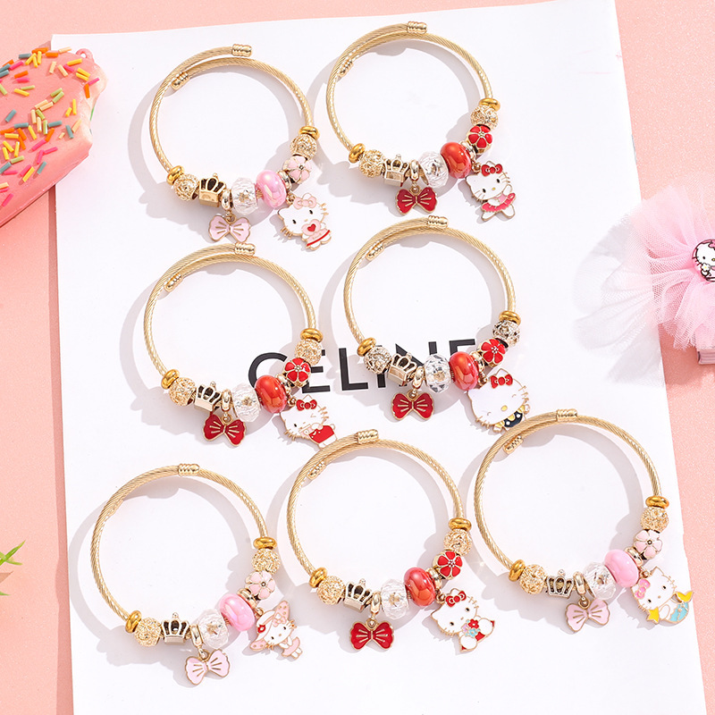 Pan's Stainless Steel Gold Bracelet for Female Students, Fashionable Cartoon Kt Cat Bow Pendant Beaded Bracelet