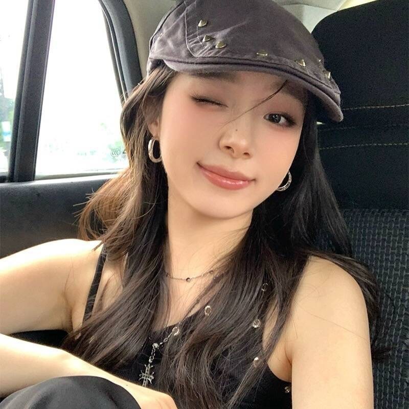 复古亚文化朋克铆钉前进帽女秋冬季薄黑色鸭舌贝雷帽显脸小报童帽|undefined