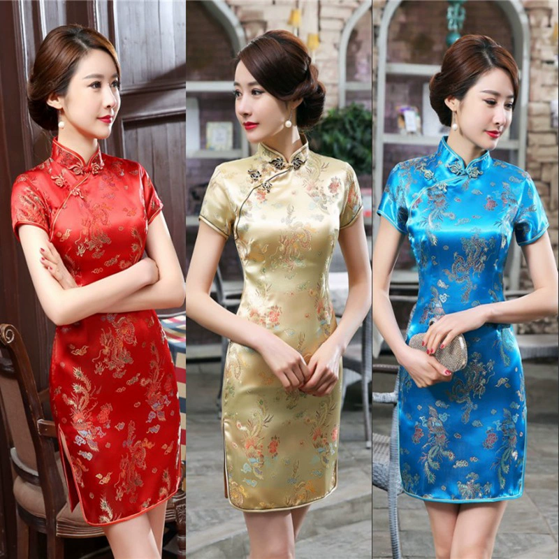 Костюм Тан в стиле ретро в китайском стиле Cheongsam Performance Cheongsam Женское летнее платье в стиле ретро Улучшенный Дракон и Феникс с цветком сливы Короткий Cheongsam