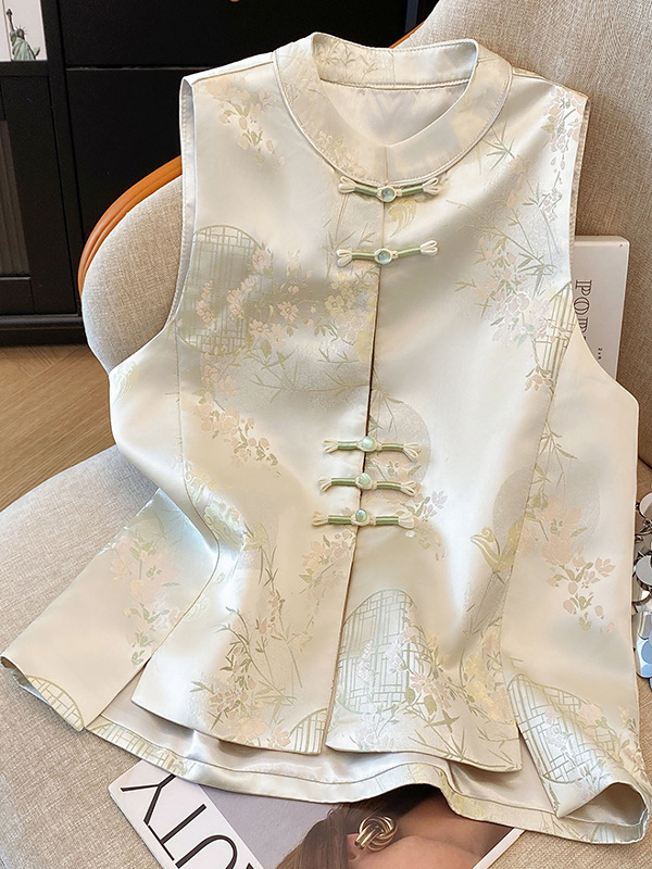 Round Neck Plate Buckle Design Jacquard Cheongsam Outer Vest Top Women's Spring, Summer and Autumn Thin Chinese Style Vest