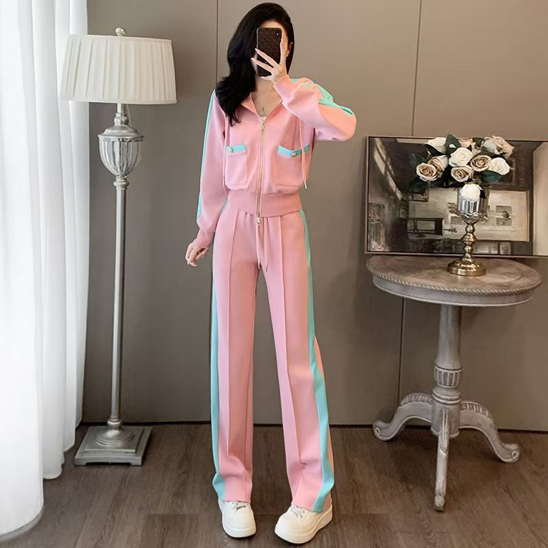 休闲运动套装女秋新款韩版洋气减龄粉色连帽卫衣时尚阔腿裤三件套|undefined