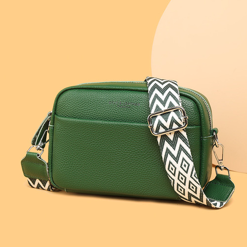 Leather women's bag with wide shoulder strap, fashionable and simple, single shoulder or crossbody, head layer cowhide small square bag